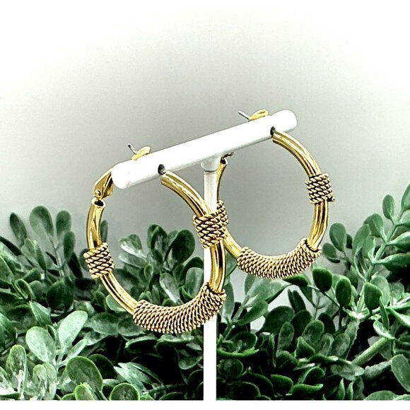 Gold Two Tone Twisted Wire Wrapped Hoop Earrings - Picture 7 of 7